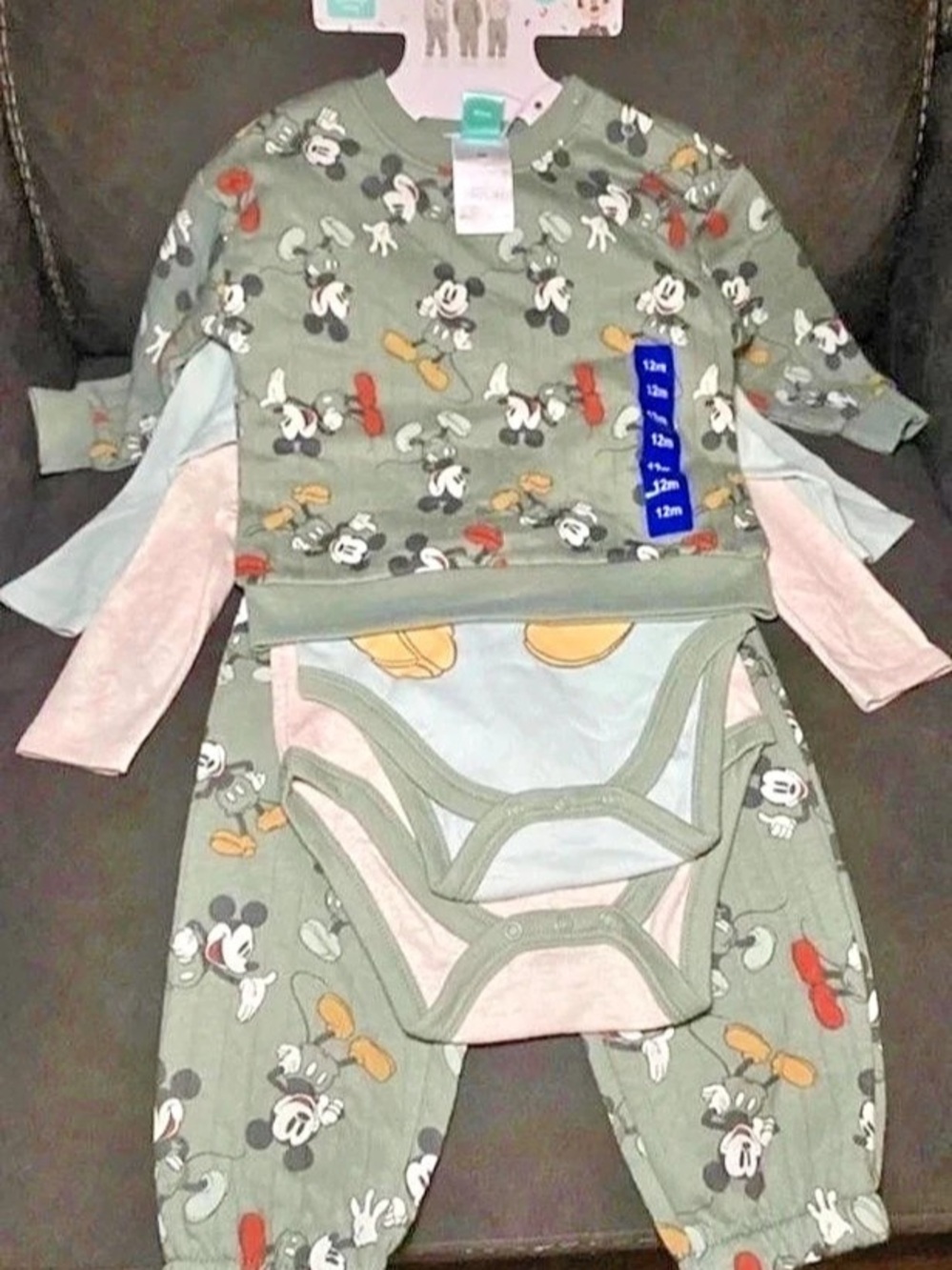 Disney Mickey Mouse Pajama Set in Green Baby 12M Like New